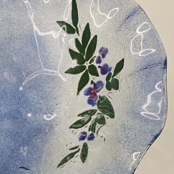 VINTAGE Hand Made Flower Pattern Fused Glass Textured Bowl Dish Ruffled Edge - Picture 3 of 8